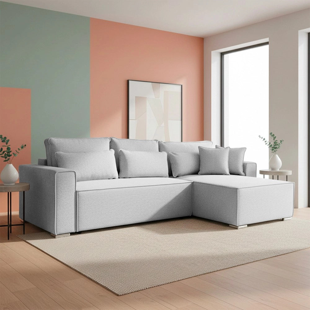 Divano Angolare Emily grigio con Letto Easy Open, Contenitore e Penisola Reversibile – Comfort e Design per il Living