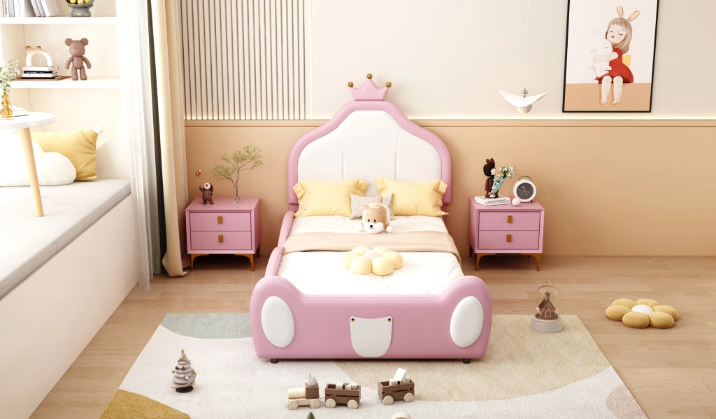 Letto imbottito per bambini 90x200 cm in similpelle rosa e bianco con testiera decorata a coronamento