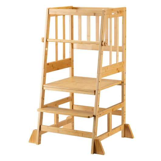Torre di apprendimento per bambini 57 x 46 x 90 cm in bambù, torretta con ringhiera, sgabello per bambini con barra di protezione