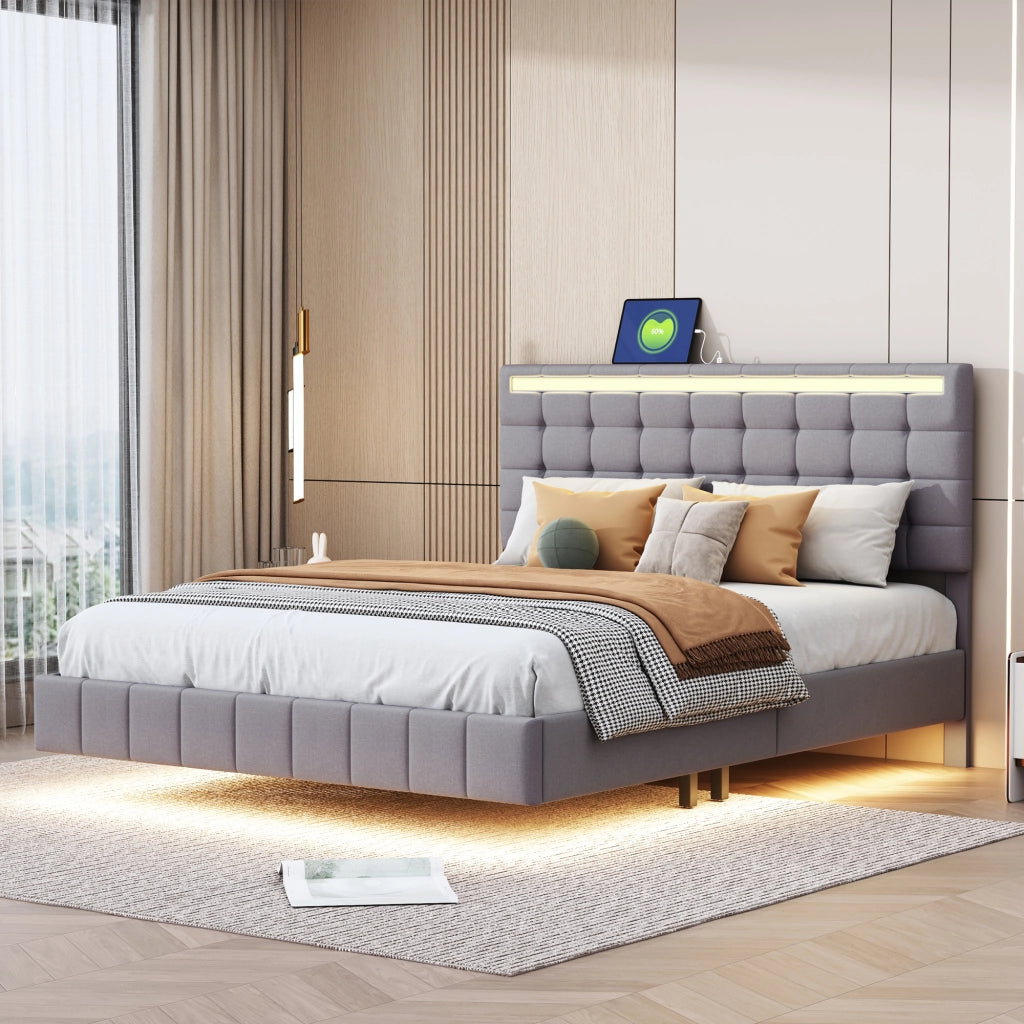 OKWISH Letto Imbottito 140×200 cm, Letto Matrimoniale con Piedini Nascosti, LED Regolabile e Testiera, senza Materasso, Grigio