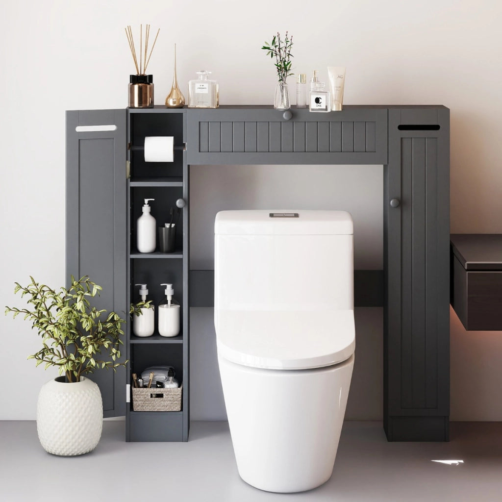 Mobile sopra il wc con ripiani regolabili portarotolo per carta igienica, Mobile per bagno salvaspazio Grigio-Armadietti da bagno