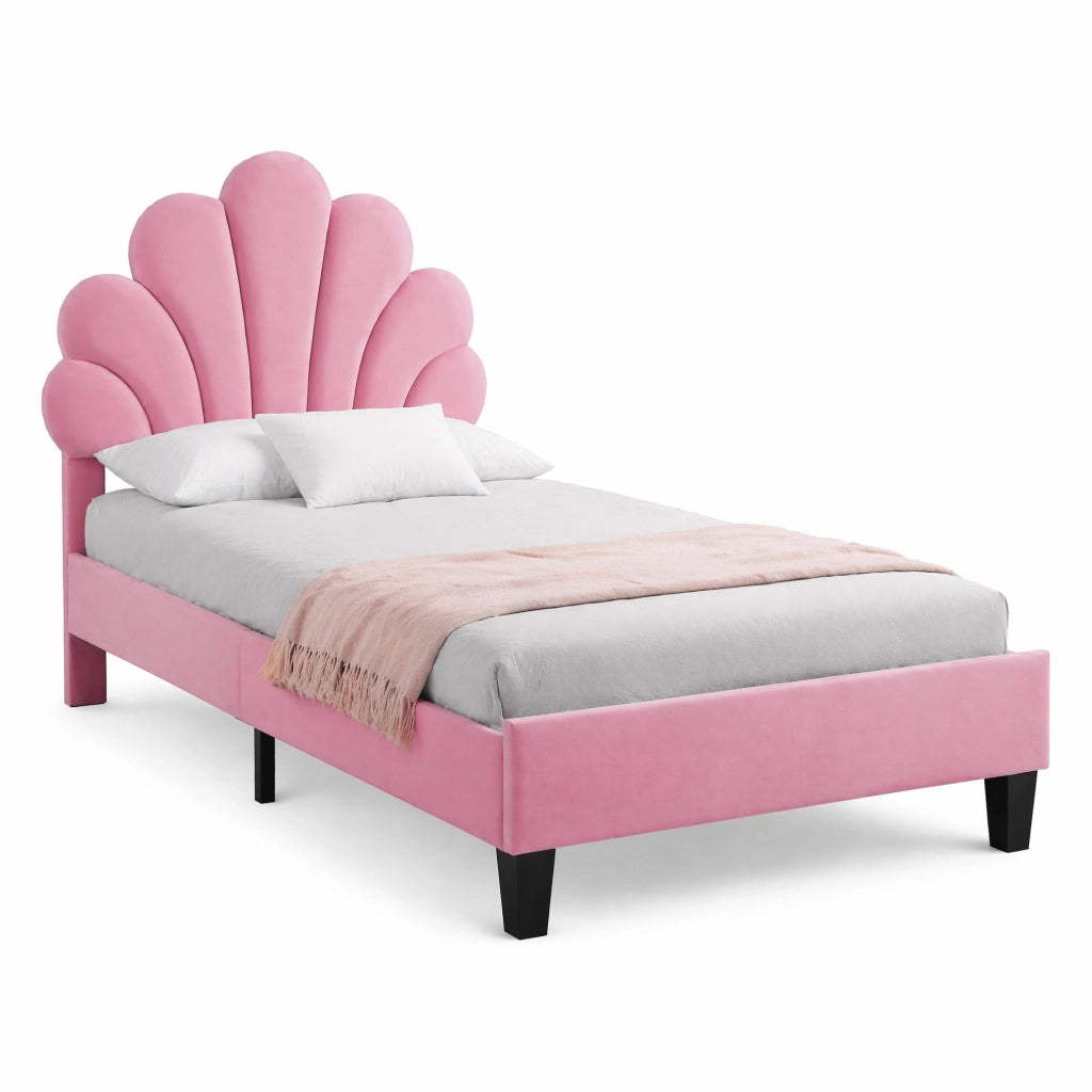 Letto imbottito 90x200 cm con testiera a forma di fiore; velluto rosa e rete a doghe