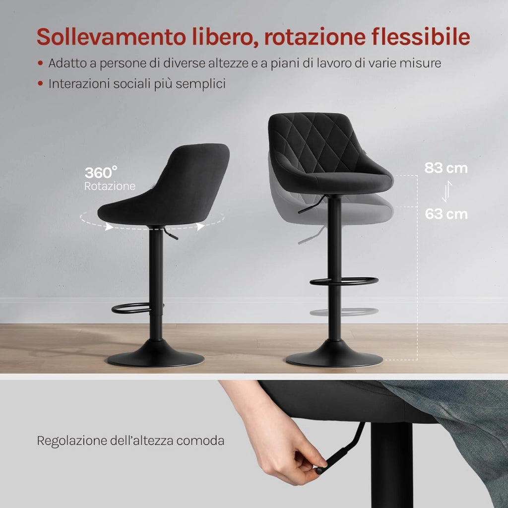Coppia Sgabelli da Bar Moderni Girevoli Sedia Cucina Alta con Schienale Quadrato Senza Braccioli Altezza Regolabile in Velluto Nero