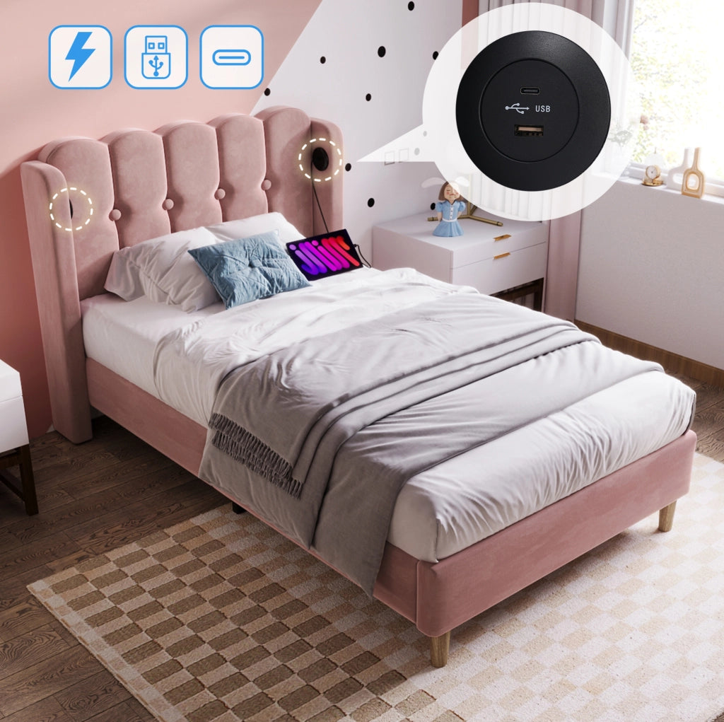 Letto singolo imbottito in velluto rosa con porta USB e Type-C