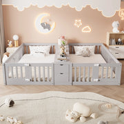 Letti per bambini 90 x 200 cm *2, in legno, con 2 cassetti, ripiano, sponde di sicurezza, grigio (senza base per il materasso)