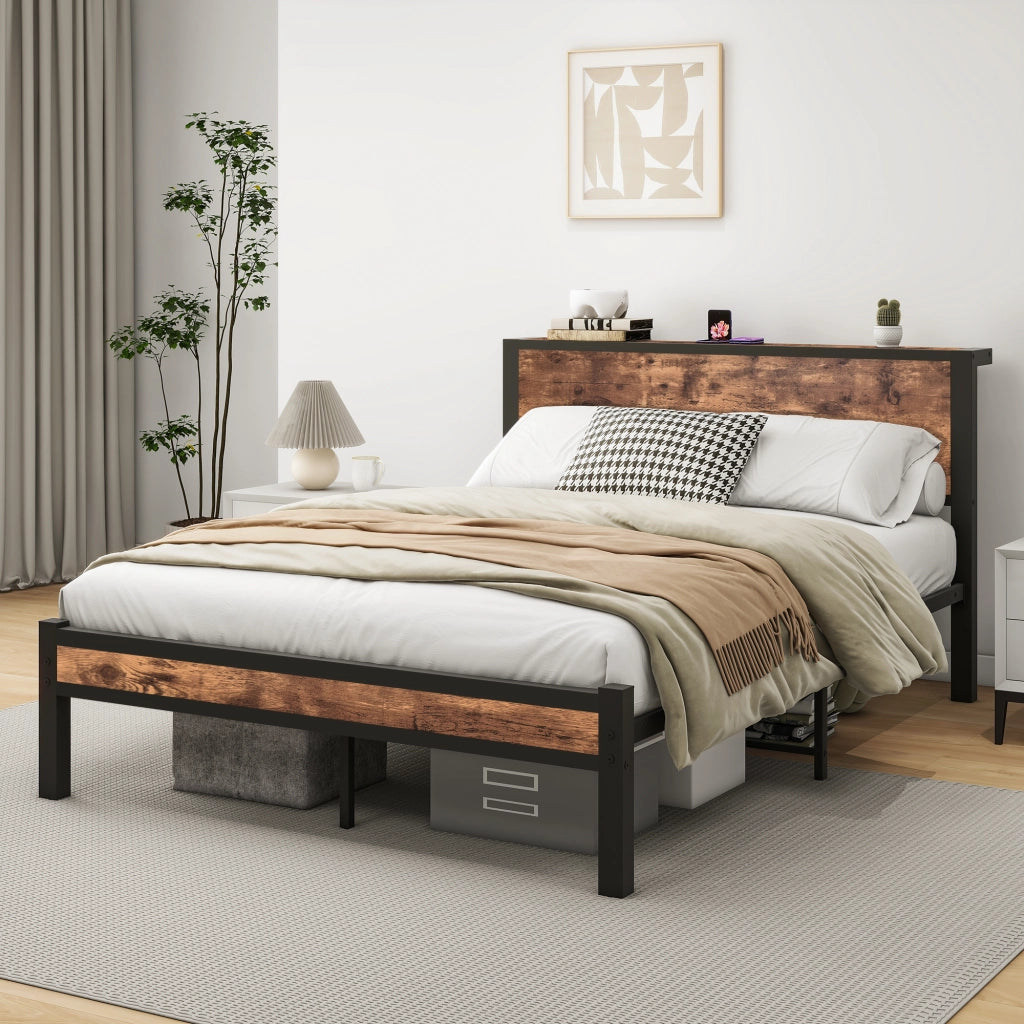 Letto per adulti 140 × 200 cm con testiera contenitore, senza materasso, in MDF e metallo, marrone antico
