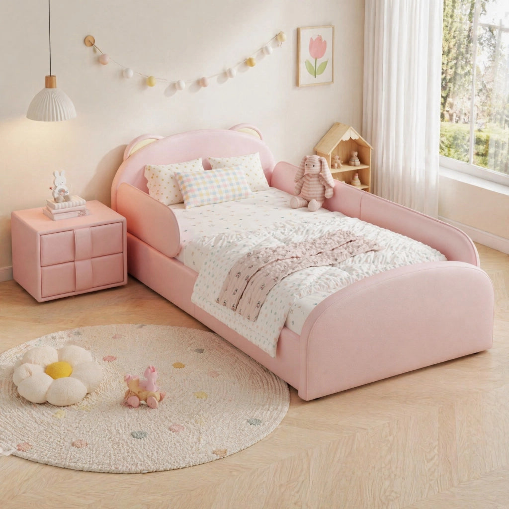 Letto per Bambini 90 x 200 cm; Letto Singolo con Comodino e Testiera Orsetto - Rosa