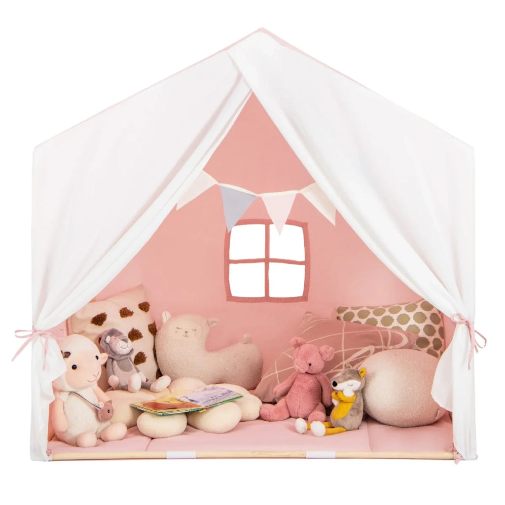 Tenda da gioco per 3 bambini 131 x 91 x 131 cm morbido tappetino lavabile atmosfera accogliente design in legno di pino rosa 20_0020026