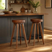 Bar Stools, 2 Pieces. Genuine Leather And Solid Acacia Wood.