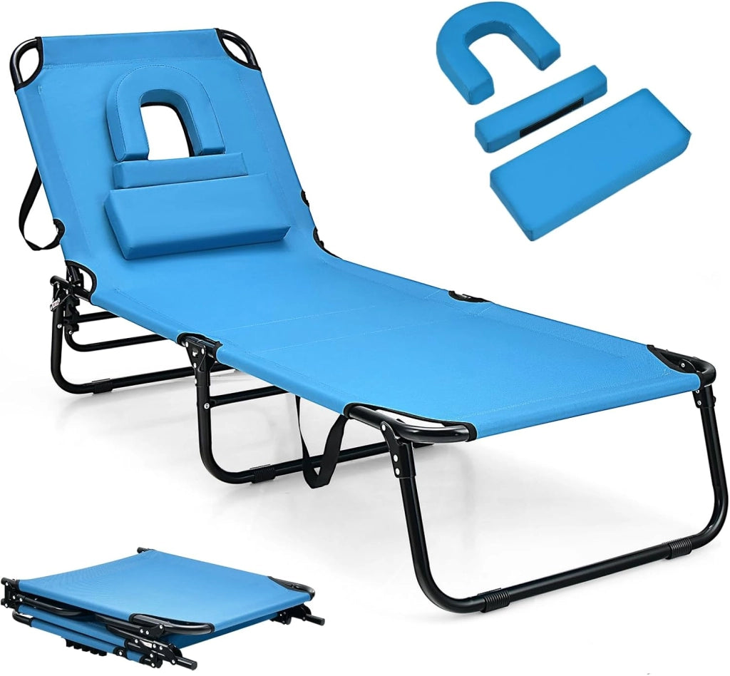 Lettino Prendisole Pieghevole con 3 Poggiatesta Removibili e Foro per il Viso, Sedia a Sdraio da Giardino Regolabile a 5 Livelli, Lettino da Spiaggia, Piscina, Portato 160kg (Blu)