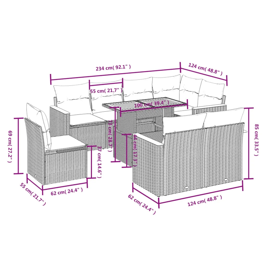 Set Divani da Giardino 9 pz con Cuscini Nero in Polyrattan 3273169