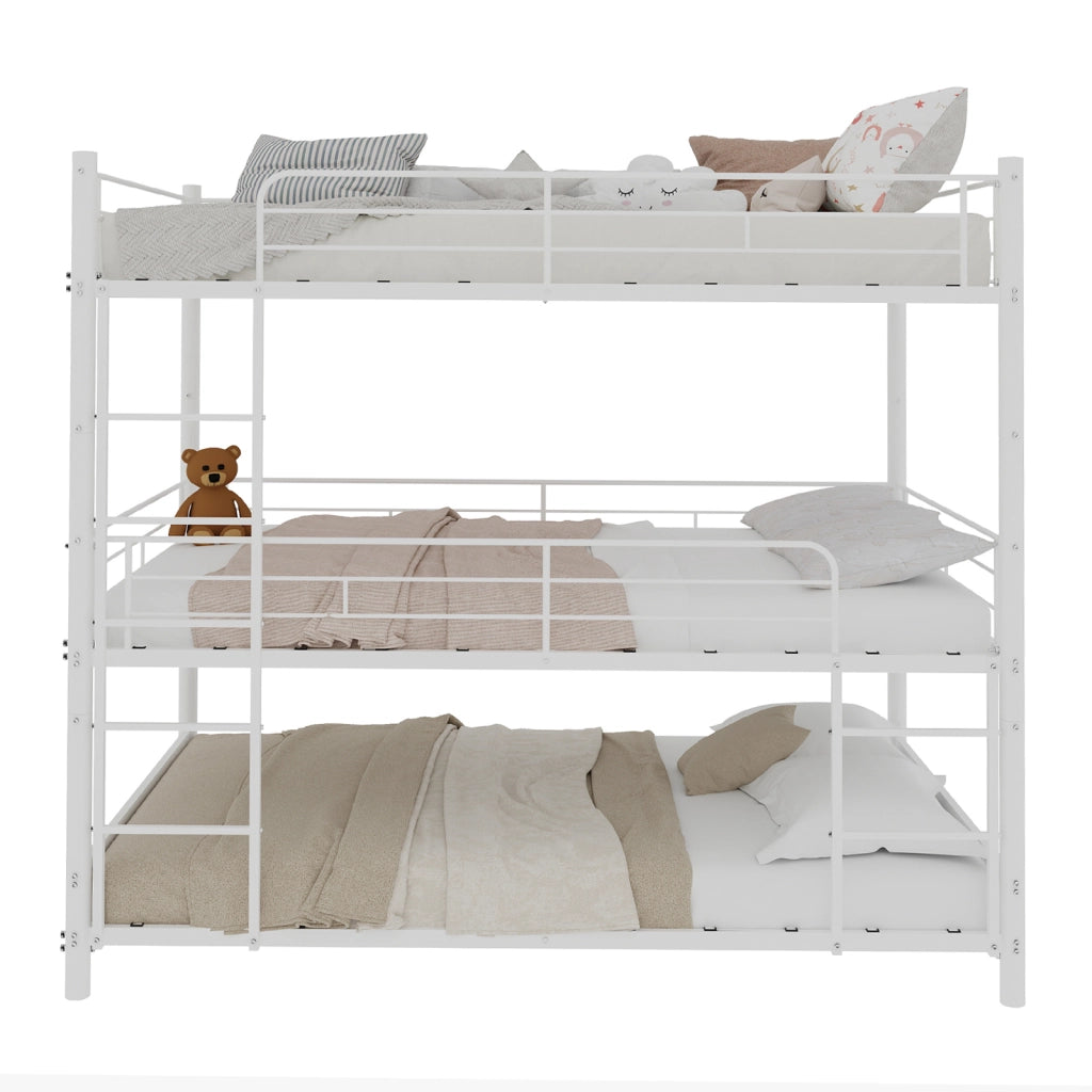 Letto a castello triplo con scala e parapetto continuo in ferro bianco 100x200 cm