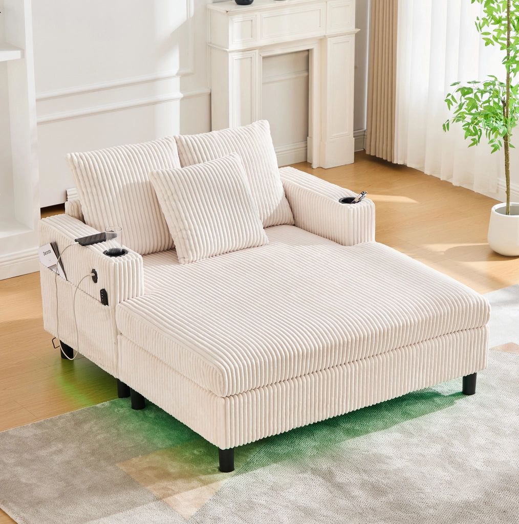 Poltrona relax beige con luci LED, porte USB e portabicchieri
