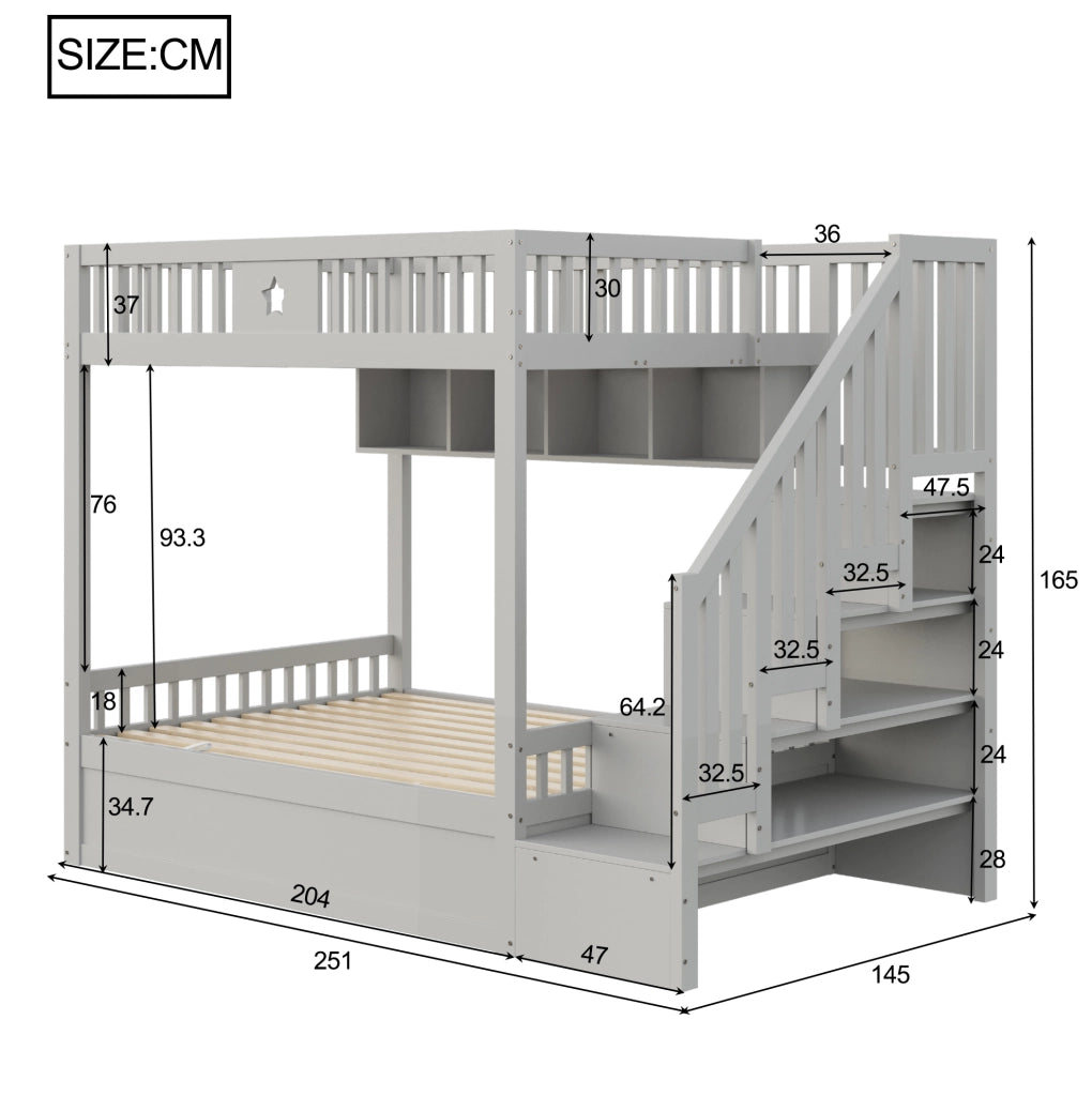 Letto a soppalco 140x200 cm con vano idraulico, scala contenitore e scaffali