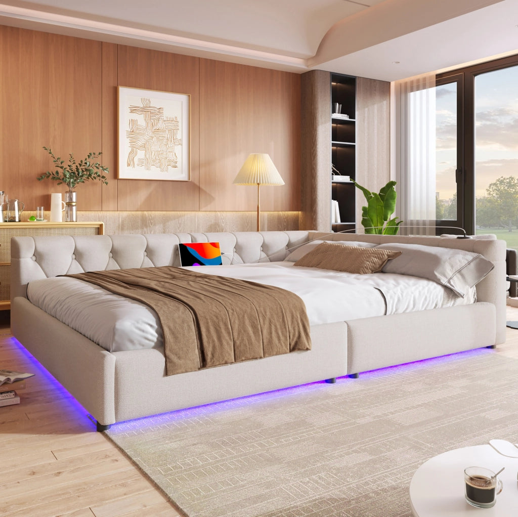 Letto 140x200 cm con LED; USB e Type-C in lino beige