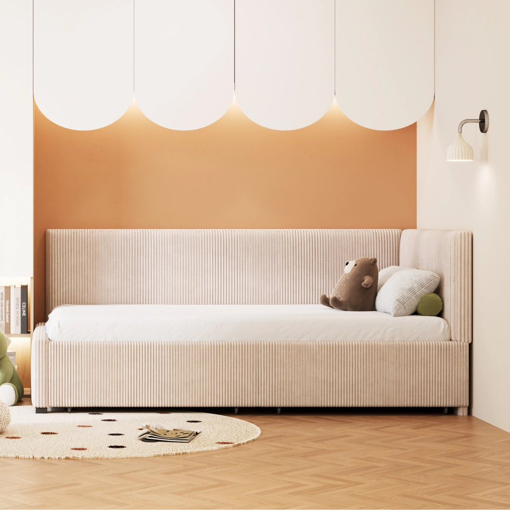 Letto divano 90 × 200 cm con 2 cassetti contenitore, schienale reversibile, senza materasso, in velluto, beige