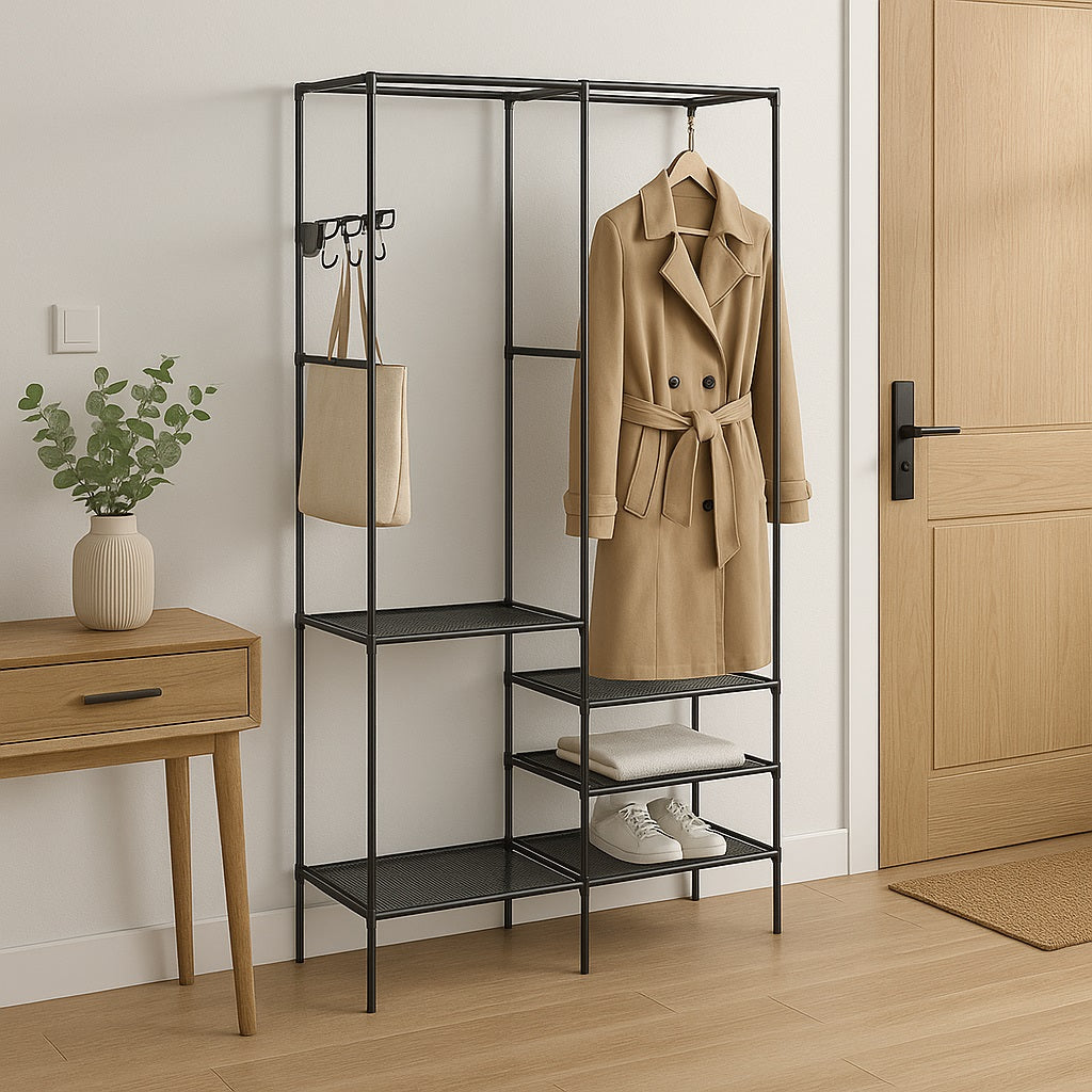 Armadio Salvaspazio Metallo e Tessuto 6 Ripiani Appendiabiti 108x36x170cm Nero