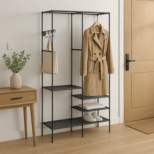 Armadio Salvaspazio Metallo e Tessuto 6 Ripiani Appendiabiti 108x36x170cm Nero