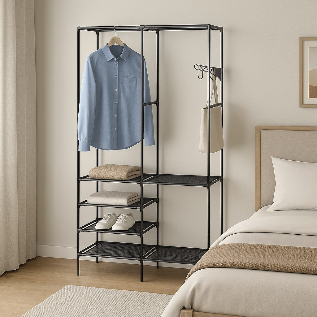 Armadio Salvaspazio Metallo e Tessuto 6 Ripiani Appendiabiti 108x36x170cm Nero