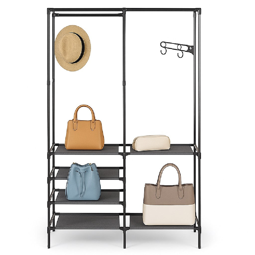 Armadio Salvaspazio Metallo e Tessuto 6 Ripiani Appendiabiti 108x36x170cm Nero