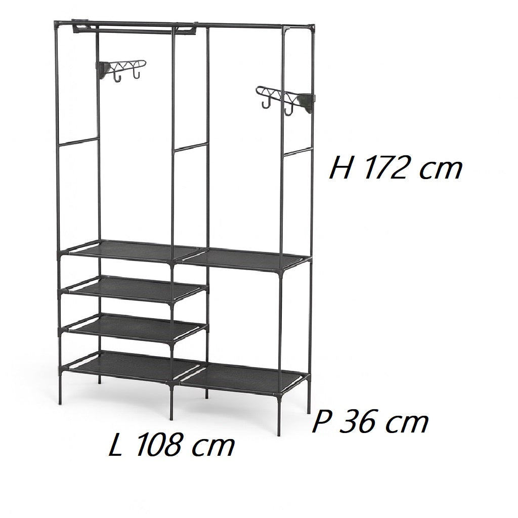 Armadio Salvaspazio Metallo e Tessuto 6 Ripiani Appendiabiti 108x36x170cm Nero
