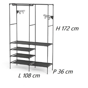 Armadio Salvaspazio Metallo e Tessuto 6 Ripiani Appendiabiti 108x36x170cm Nero