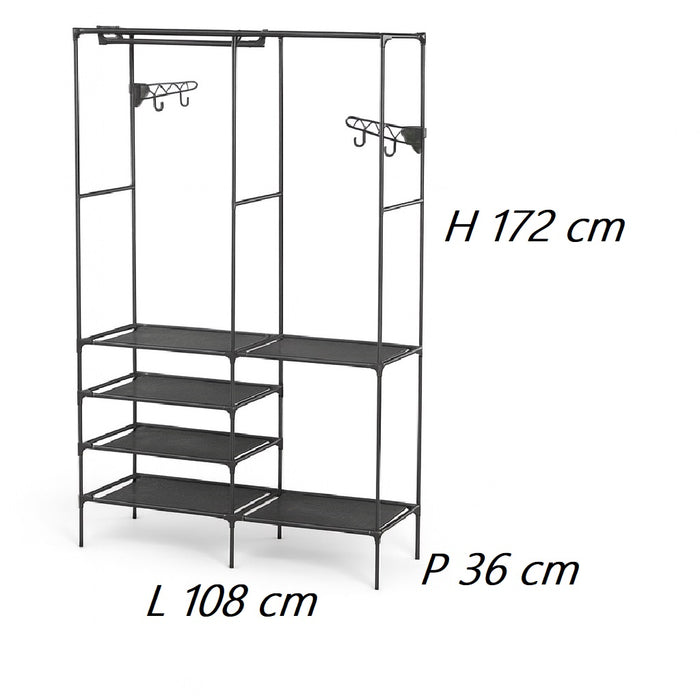Armadio Salvaspazio Metallo e Tessuto 6 Ripiani Appendiabiti 108x36x170cm Nero