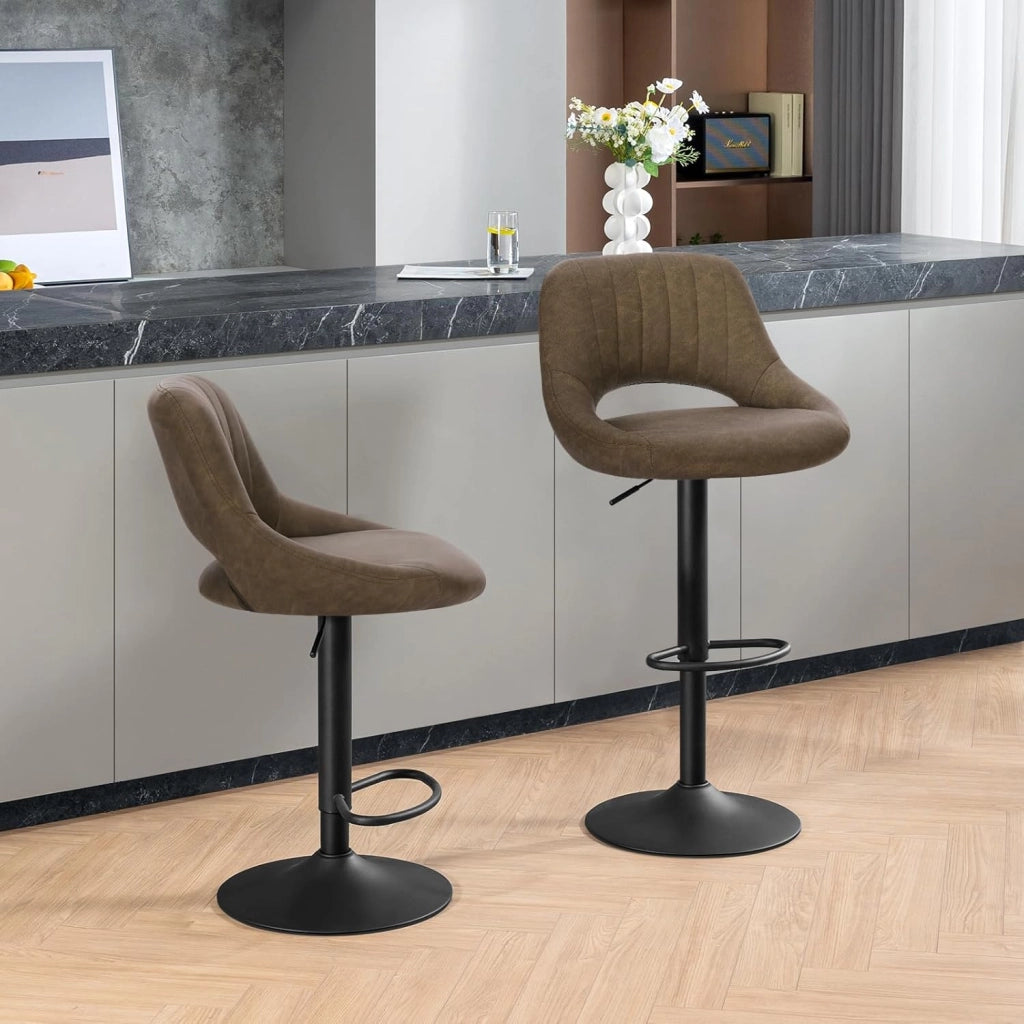 Set di 4 Sgabelli da Bar Cucina Sedia Alta da Sala Pranzo in Simipelle Regolabile e Girevole a 360° con Schienale Poggiapiedi Marrone scuro 0668BY-4
