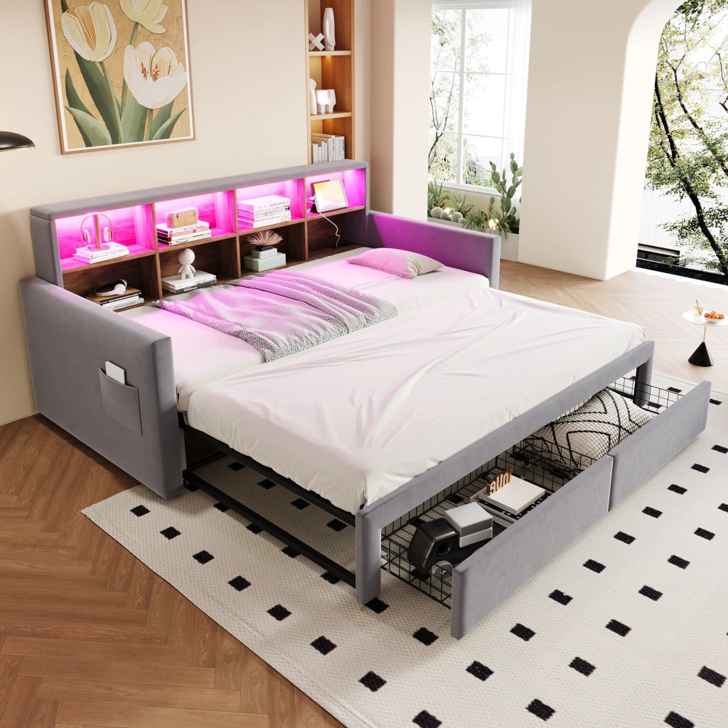 Letto imbottito in velluto grigio chiaro con illuminazione a LED e porta USB 90x190 cm
