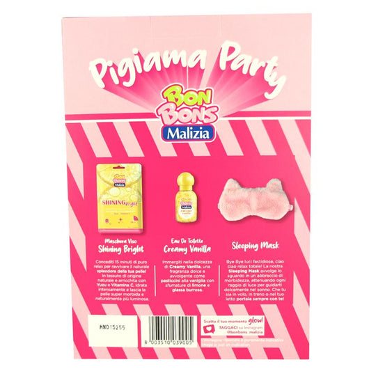 MALIZIA BONBONS CONFEZIONE REGALO  EAU DE TOILETTE CREAMY VANILLA 50ML, MASCHERA VISO SHINING BRIGHT 25ML + SLEEPING MASK PINK