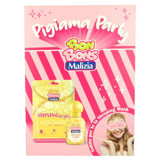 MALIZIA BONBONS CONFEZIONE REGALO  EAU DE TOILETTE CREAMY VANILLA 50ML, MASCHERA VISO SHINING BRIGHT 25ML + SLEEPING MASK PINK