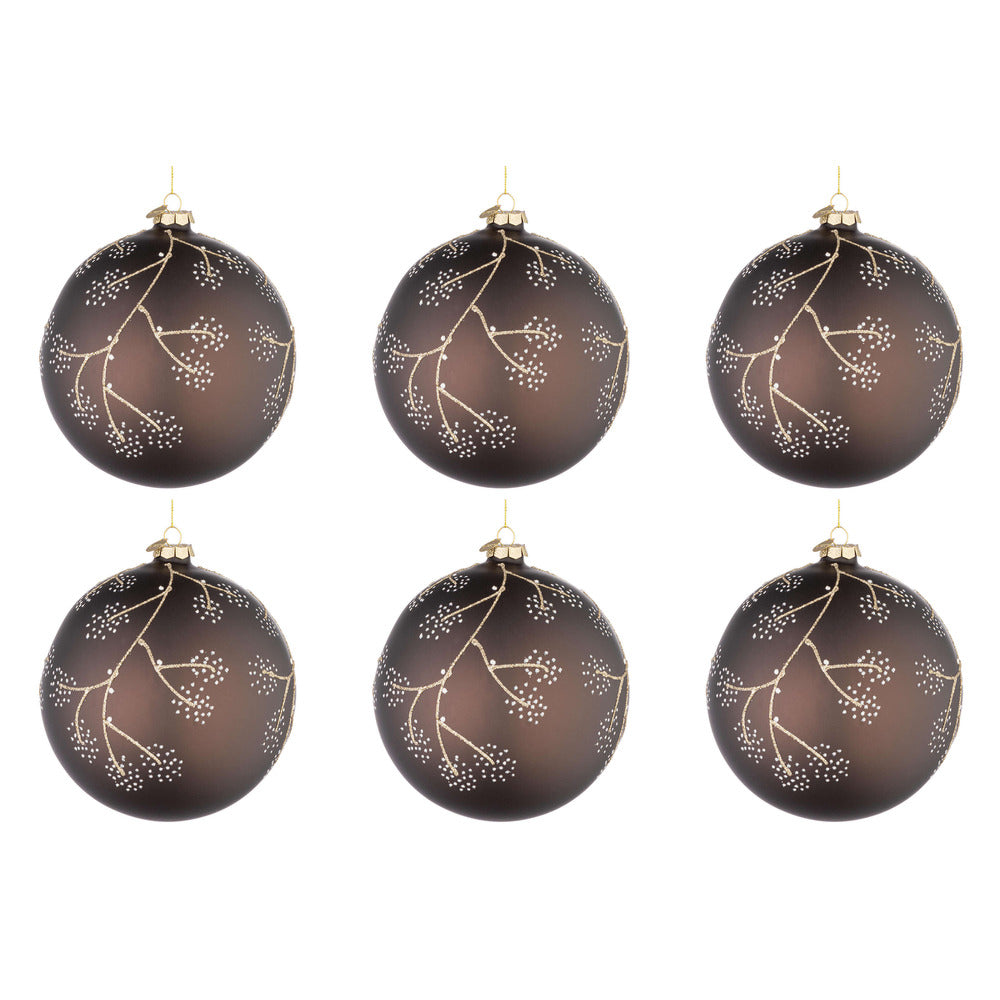 Palline di Natale in Vetro Marrone e Rametti Oro Floral Diametro: 80 mm