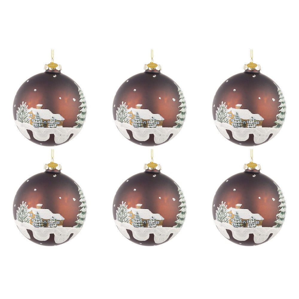 Palline di Natale in Vetro Marrone con Casette Village Diametro: 80 mm