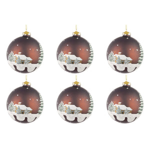 Palline di Natale in Vetro Marrone con Casette Village Diametro: 80 mm