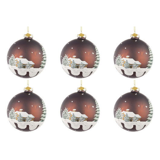 Palline di Natale in Vetro Marrone con Casette Village Diametro: 80 mm