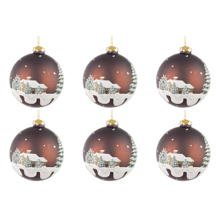 Palline di Natale in Vetro Marrone con Casette Village Diametro: 80 mm
