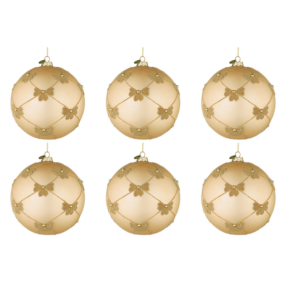 Palline di Natale in Vetro Champagne con Fiocchi Oro Flock Diametro: 80 mm