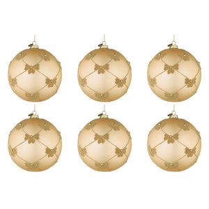 Palline di Natale in Vetro Champagne con Fiocchi Oro Flock Diametro: 80 mm