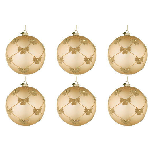 Palline di Natale in Vetro Champagne con Fiocchi Oro Flock Diametro: 80 mm