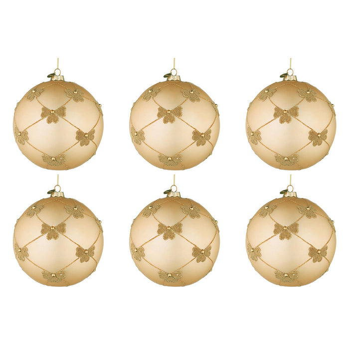 Palline di Natale in Vetro Champagne con Fiocchi Oro Flock Diametro: 80 mm