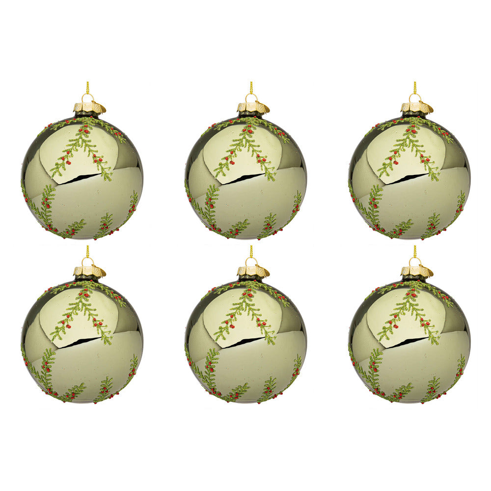 Palline di Natale in Vetro Verde Oliva con Rametti Wood Diametro: 80 mm