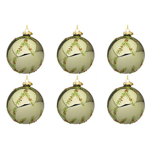 Palline di Natale in Vetro Verde Oliva con Rametti Wood Diametro: 80 mm