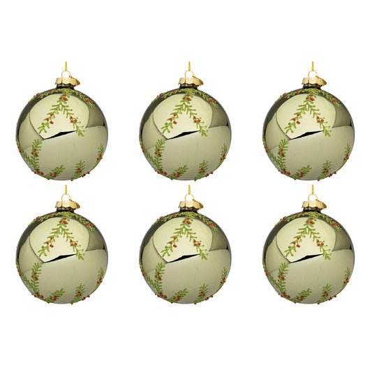 Palline di Natale in Vetro Verde Oliva con Rametti Wood Diametro: 80 mm