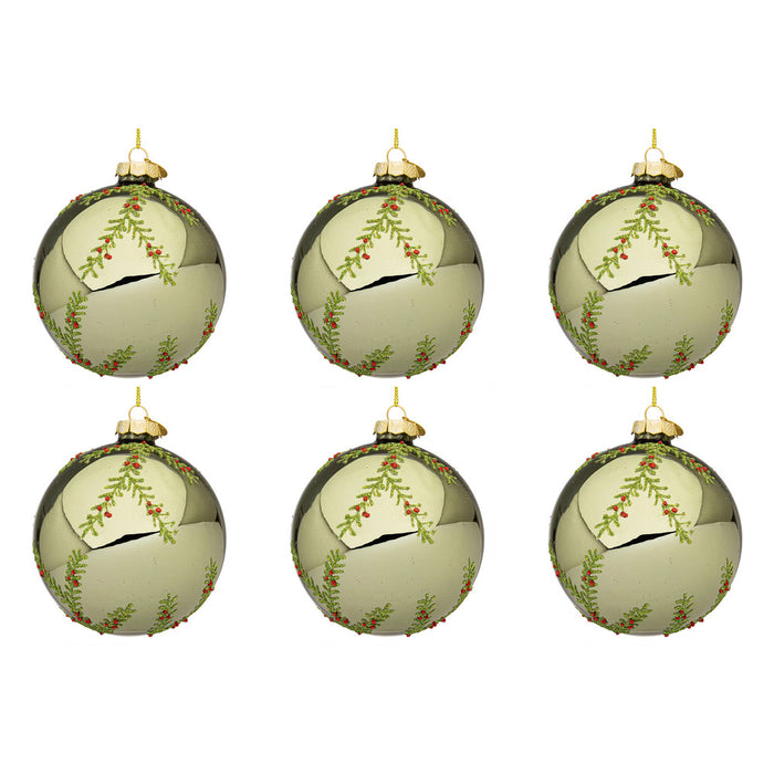 Palline di Natale in Vetro Verde Oliva con Rametti Wood Diametro: 80 mm