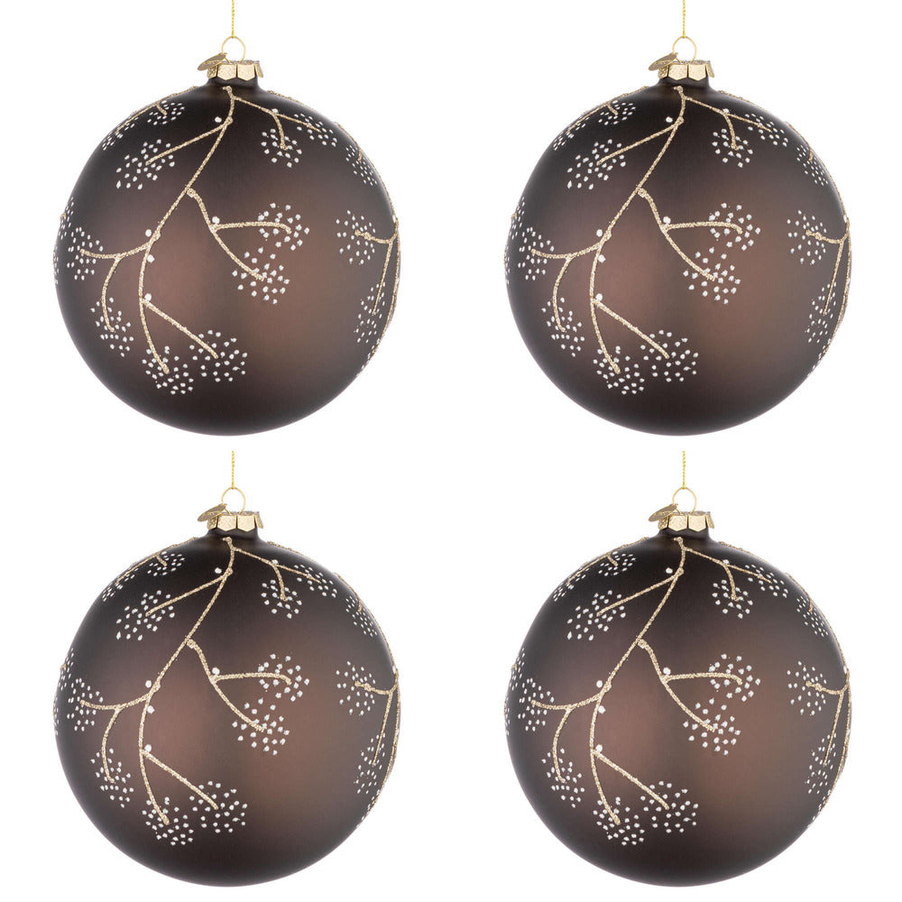 Palline di Natale in Vetro Marrone e Rametti Oro Floral Diametro: 100 mm