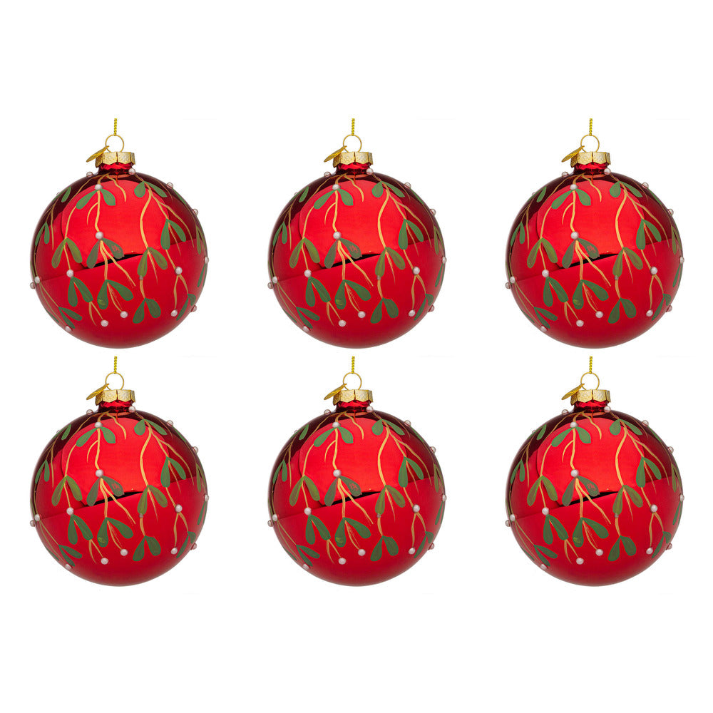 Palline di Natale in Vetro Rosse con Decorazione Verde Blade Diametro: 80 mm