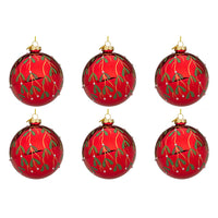 Palline di Natale in Vetro Rosse con Decorazione Verde Blade Diametro: 80 mm