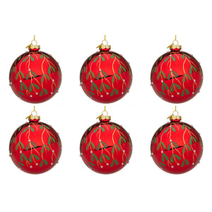 Palline di Natale in Vetro Rosse con Decorazione Verde Blade Diametro: 80 mm