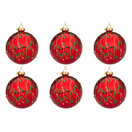 Palline di Natale in Vetro Rosse con Decorazione Verde Blade Diametro: 80 mm