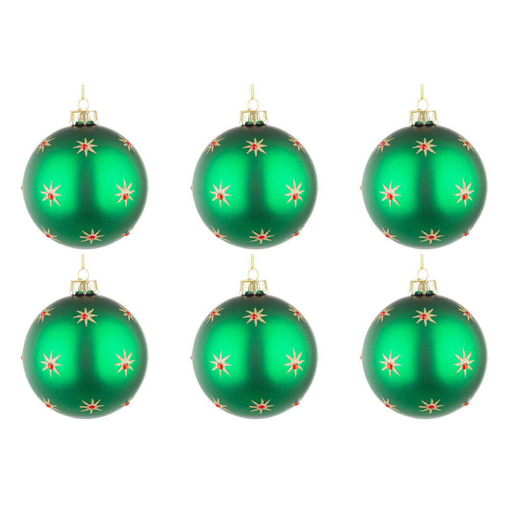 Palline di Natale in Vetro Verde con Stelle Oro Astral Diametro: 80 mm
